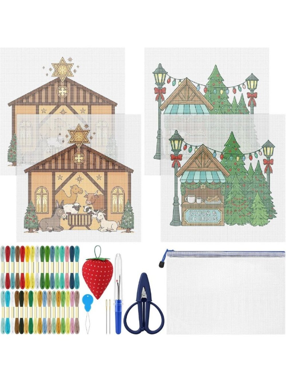 56 Pcs Christmas Village Needlepoint Canvas Kit - DIY Craft Set for Holiday
